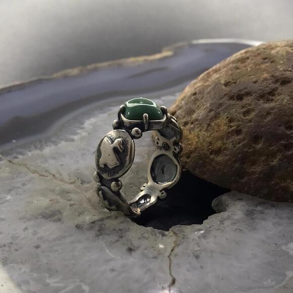 Jody Naranjo Sterling Diamond Shape Green Turquoise Petroglyph Ring Size 9 - Picture 3 of 10